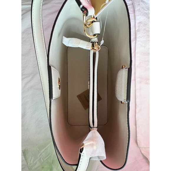 Michael Kors Pratt Medium Bucket‎ Shoulder Bag Pale Gold Leather Logo Stripe - Picture 3 of 7